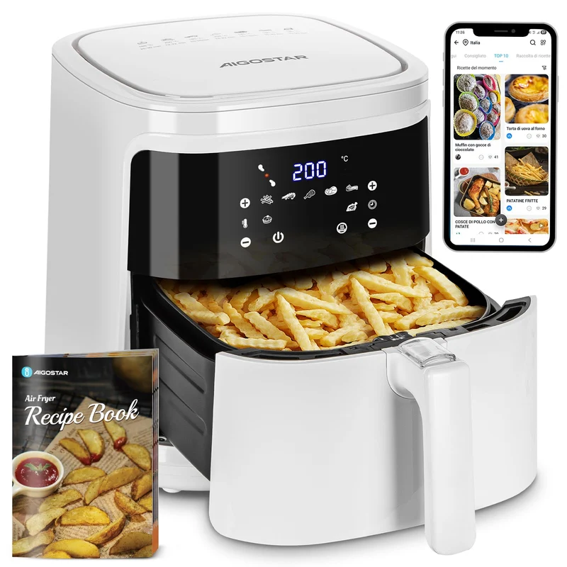 Aigostar White Cube – Air Fryer 7L 1900W Blanc, 7 Programmes & Livre de 20 Recettes
