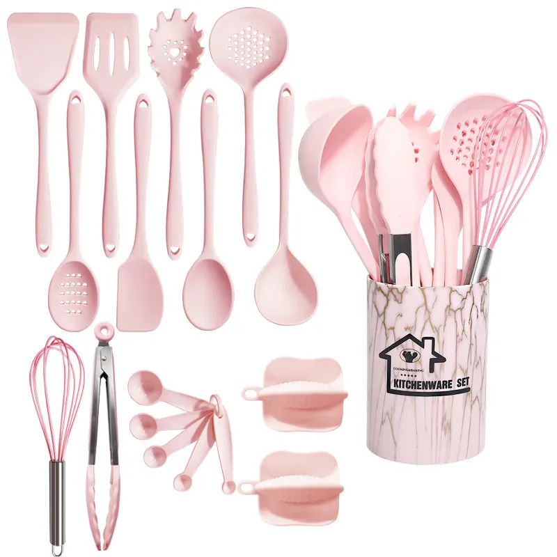 Set de 18 Ustensiles Pratiques en silicone (Rose/Blanc/Noir)