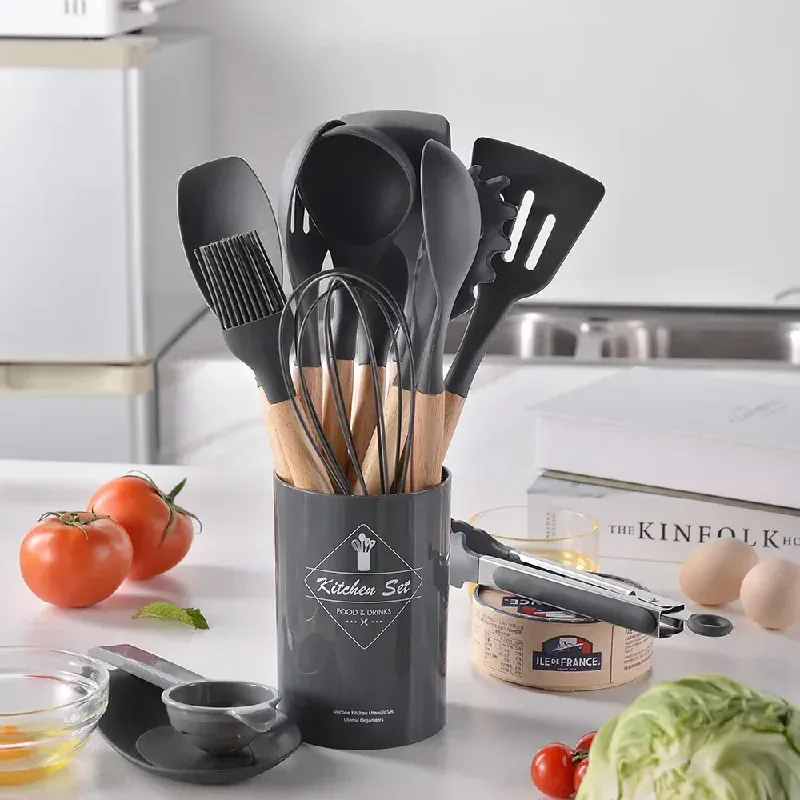 Set Ustensiles Silicone 12 Pieces avec Poignée en Bois - Cuisine