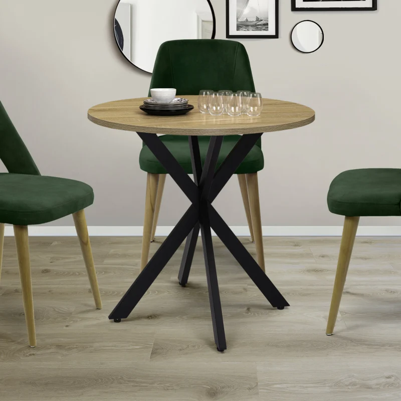 Table repas Soline 80cm plateau rond bois pieds croisés noirs
