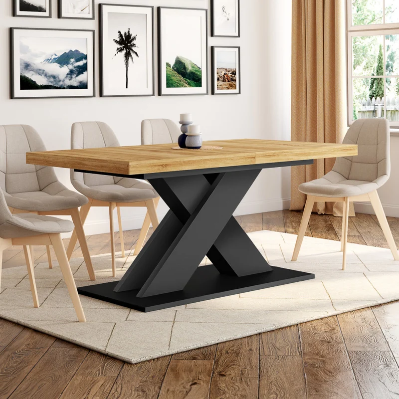 Table repas extensible Alexia 160-200cm plateau bois et pieds central noir