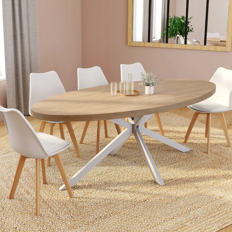 Table repas Céleste plateau ovale bois 200cm et pieds croisés blancs