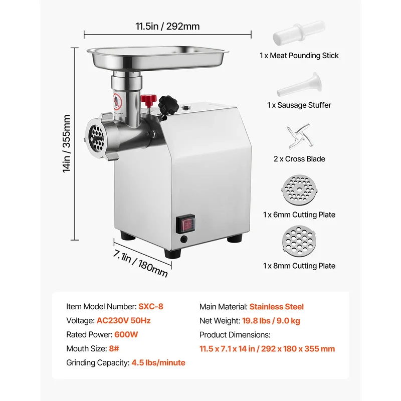Hachoir à Viande Électrique Inox — 600W / 850W / 1100W avec Embout à Saucisses