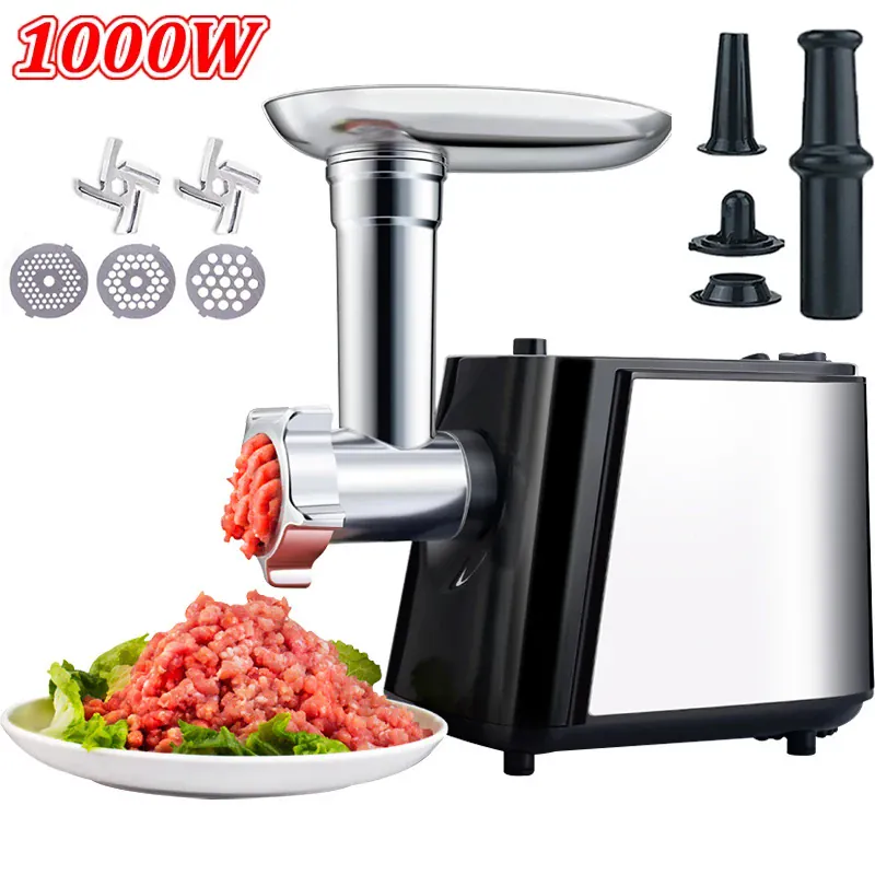 Hachoir Électrique Multifonction 1000 W — 3 Grilles, Farcisseur à Saucisses, 13 Accessoires