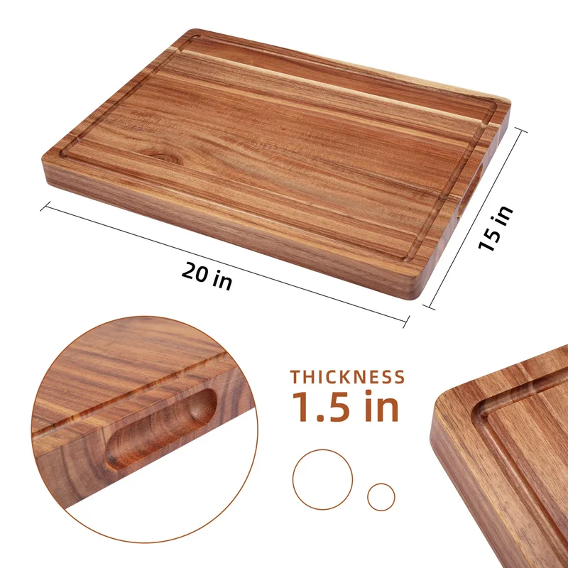 Planche à Découper en Bois d'Acacia Massif avec Rainures Jus et Poignées — 51×38 cm ou 61×46 cm