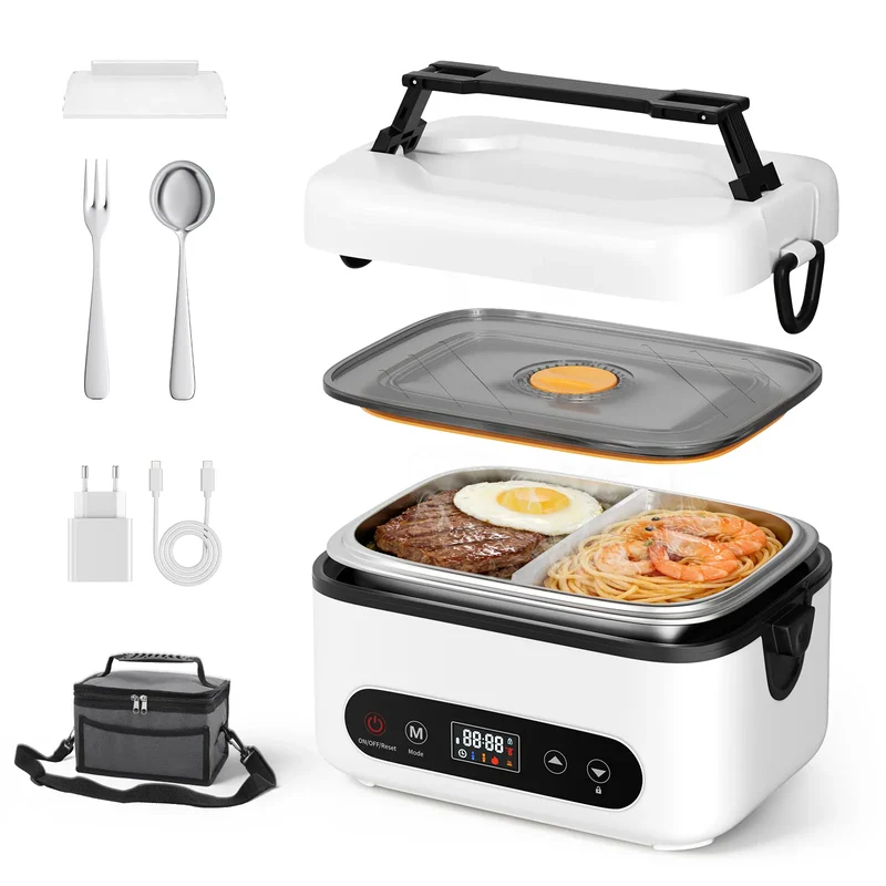 Lunch Box Chauffante Sans Fil 100W — Batterie 12000mAh, 1,2L Inox, 4 Modes, Minuterie 12h