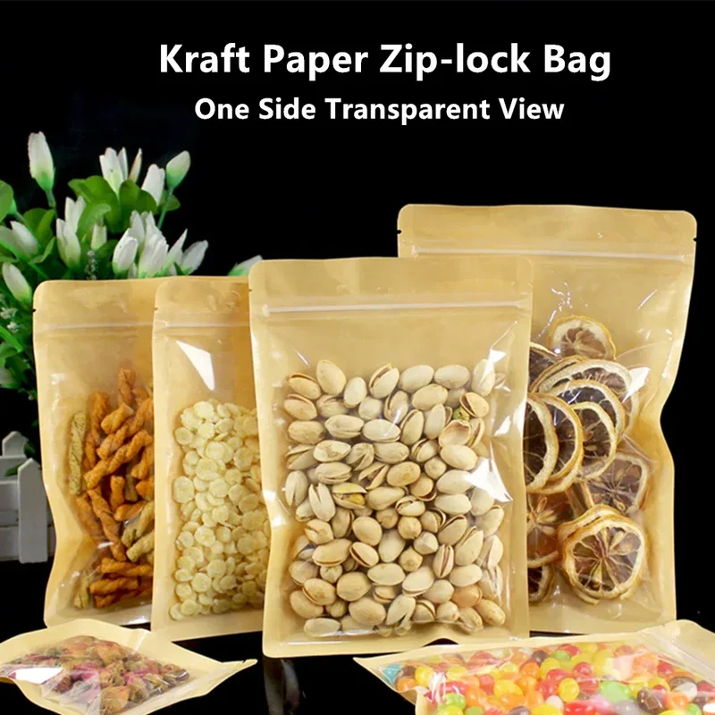 Sachets Kraft Transparent Fermeture Zip - Lot de 100 pièces