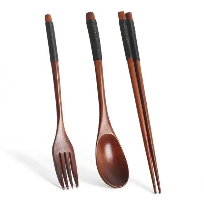 Set de Couverts en Bois 3 Pièces – Cuillère, Fourchette, Baguettes