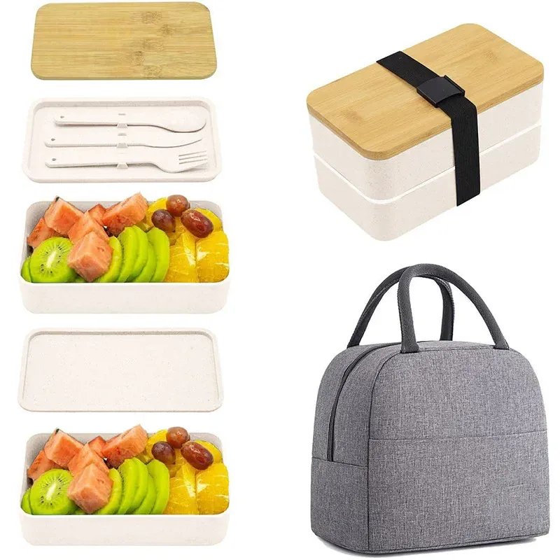 Bento 2 Étages en Plastique Écologique | Boîte à Lunch avec Couverts