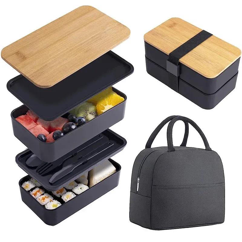 Bento 2 Étages en Bambou et Plastique | Boîte de Rangement Alimentaire