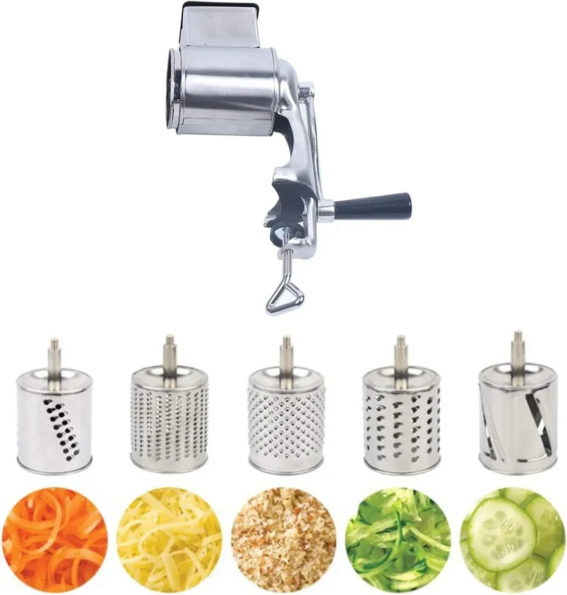 Râpe Rotative Manuelle 5 Tambours — Acier Inoxydable, Fixation par Serre-Clamp