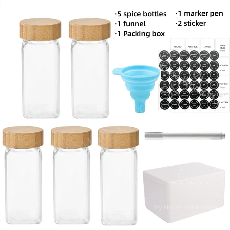Pots à épices en verre avec couvercle bambou + étiquettes – Set cuisine