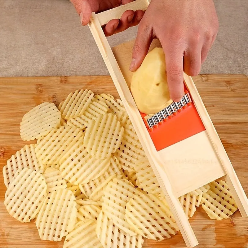 Trancheuse Gaufrette en Bois – Lame Ondulée Inox pour Chips & Frites Gaufrées