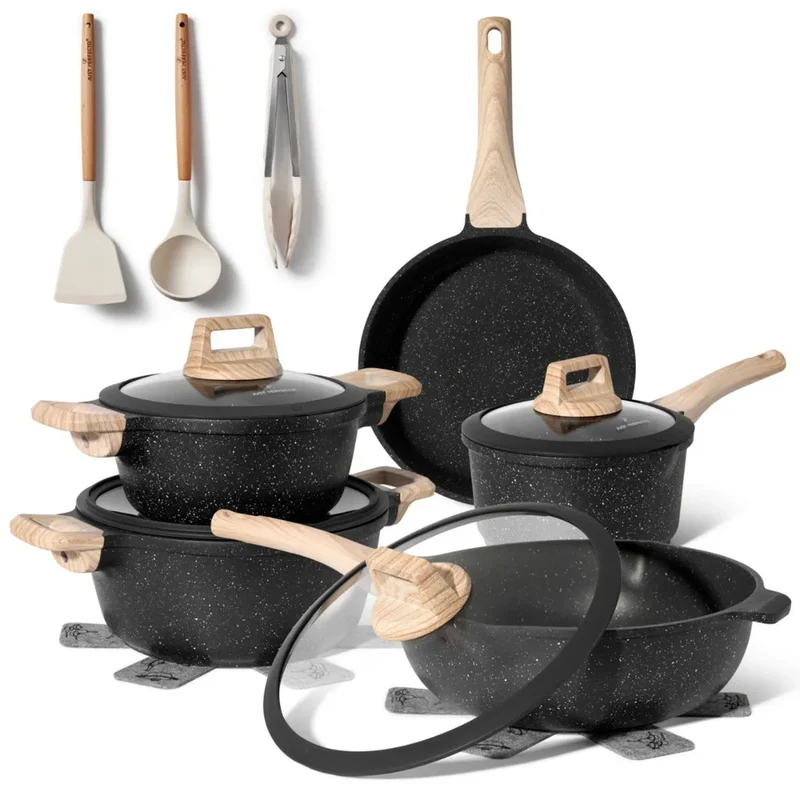 Batterie de Cuisine 14 pièces Antiadhésives en Granit Noir - Tous feux dont induction