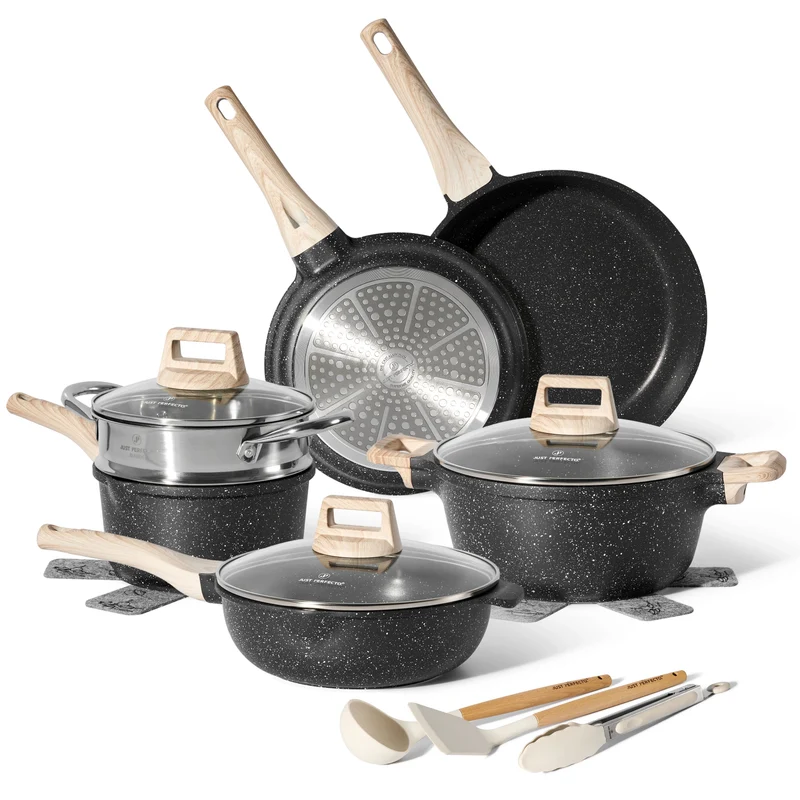 Batterie de Cuisine 14 pièces avec cuisseur à vapeur Antiadhésives en Granit noir- Tous feux dont induction