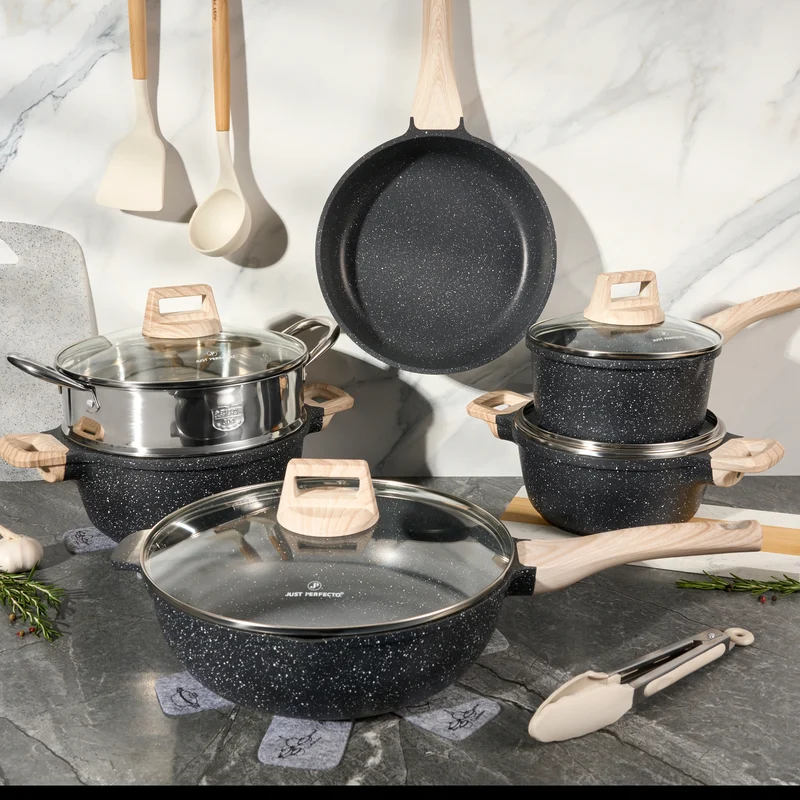 Batterie de Cuisine 15 pièces avec cuisseur à vapeur Antiadhésives en Granit noir - Tous feux dont induction