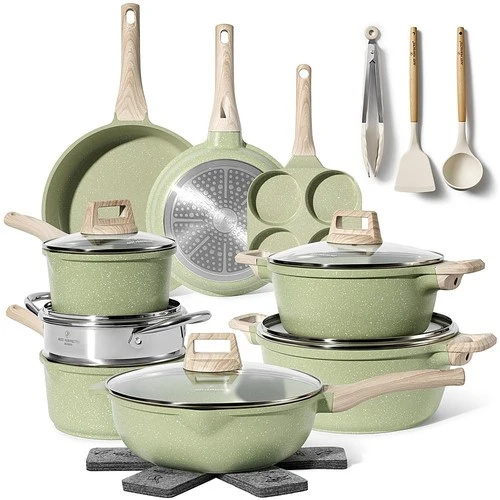 Batterie de Cuisine 21 pièces Antiadhésives en Granit vert - Tous feux dont induction