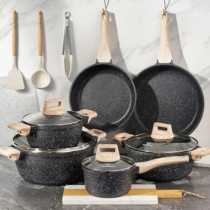 Batterie de Cuisine 15 pièces antiadhésives en Granit noir - Tous feux dont induction