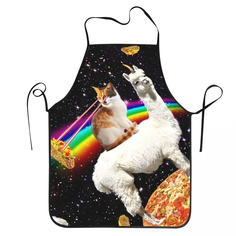 Tablier de Cuisine Unisexe Chat Pizza Espace Lama - Drôle et Original