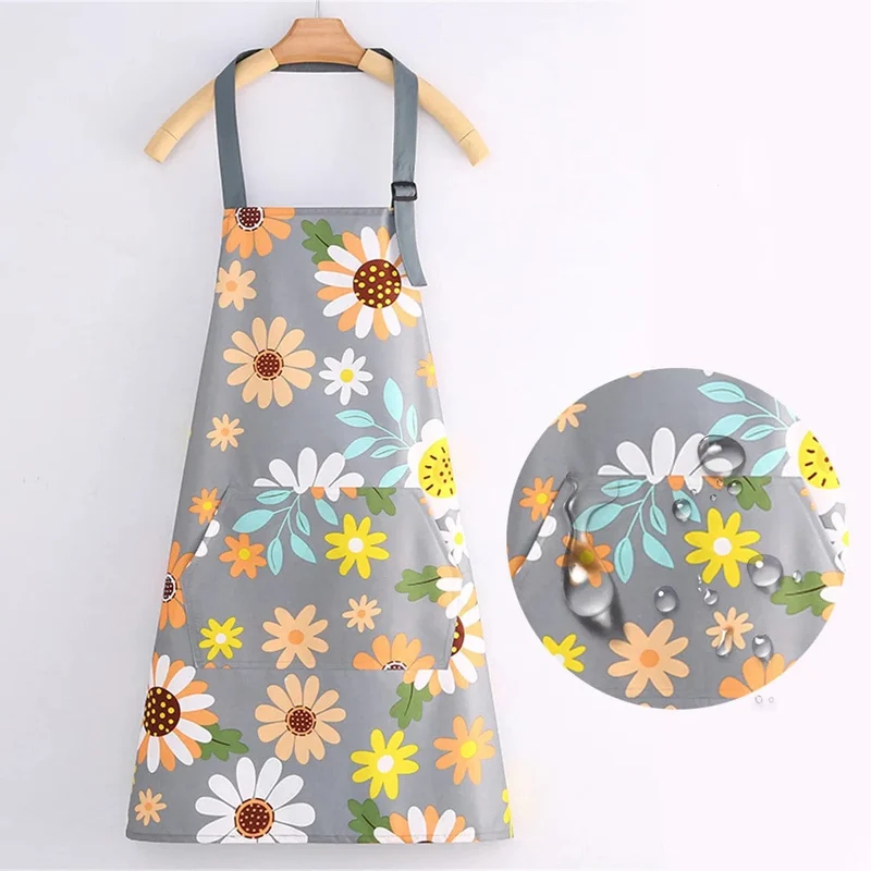 Tablier de cuisine en toile de coton imperméable - Motifs Fleurs sur fond Gris clair