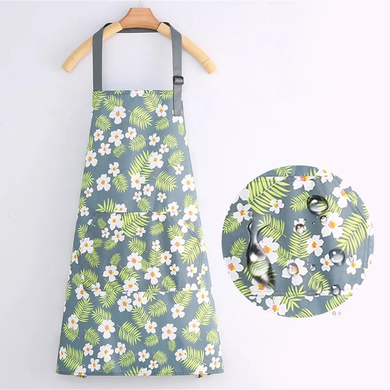 Tablier de cuisine en toile de coton imperméable - Motifs Fleurs blanches sur fond Vert