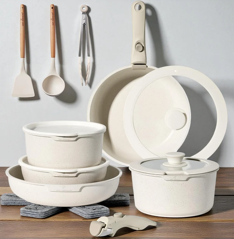 Batterie de cuisine 18 pièces avec poignées amovibles en Granit beige - Tous feux dont induction