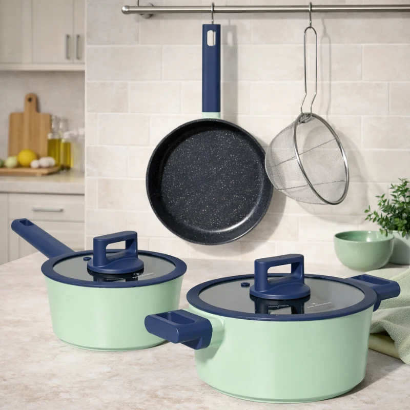 Batterie de cuisine 6 pièces à revêtement marbré avec couvercles tous feux dont induction Vert