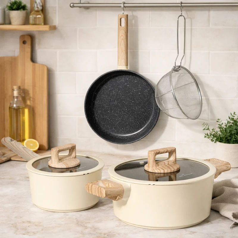 Batterie de cuisine 6 pièces à revêtement marbré avec couvercles tous feux dont induction Beige