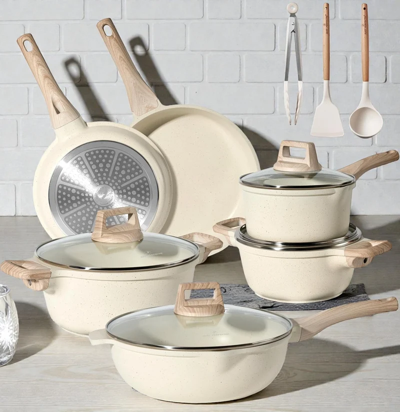 Batterie de cuisine 15 pièces antiadhésives en Granit Beige - Tous feux dont induction
