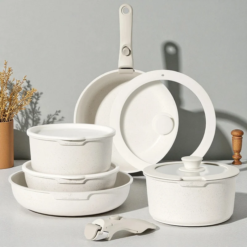 Batterie de cuisine 11 pièces avec poignées amovibles en Granit Beige - Tous feux dont induction