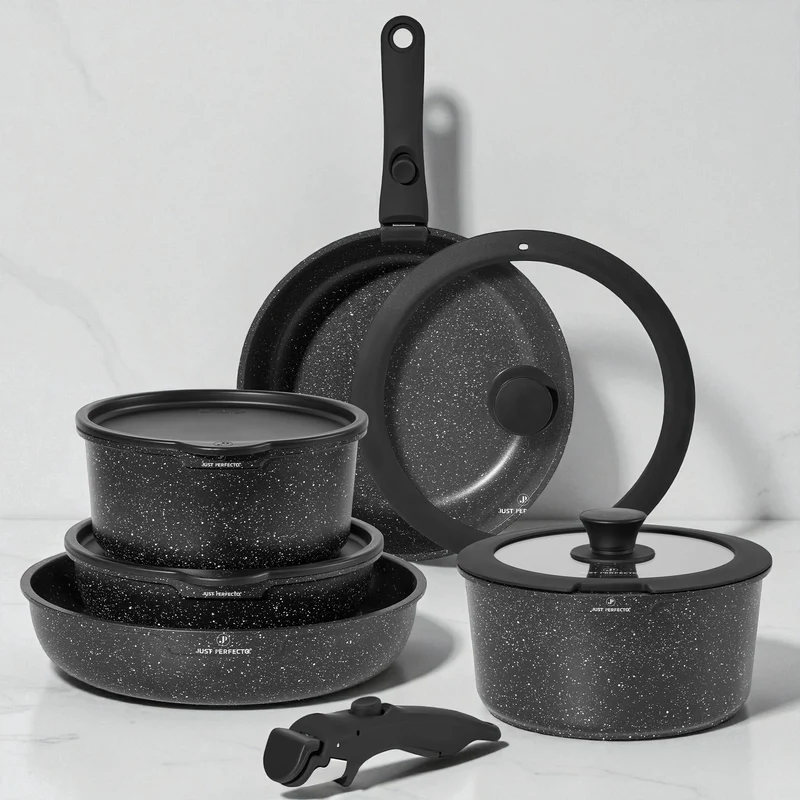 Batterie de cuisine 11 pièces avec poignées amovibles en Granit noir - Tous feux dont induction