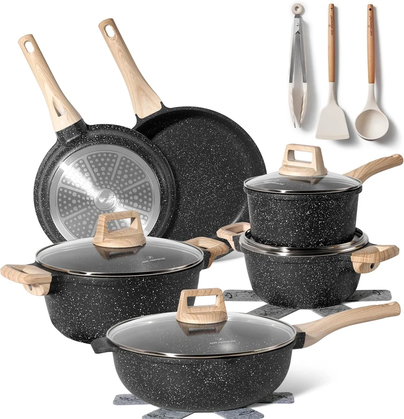 Batterie de cuisine 15 pièces antiadhésives en Granit Noir - Tous feux dont induction