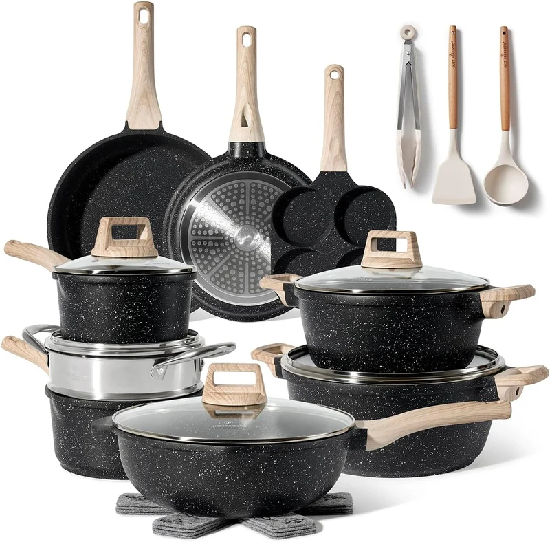Batterie de cuisine 21 pièces antiadhésives en Granit Noir - Tous feux dont induction