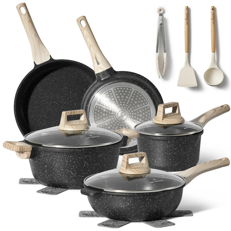 Batterie de cuisine 13 pièces antiadhésives en Granit noir - Tous feux dont induction