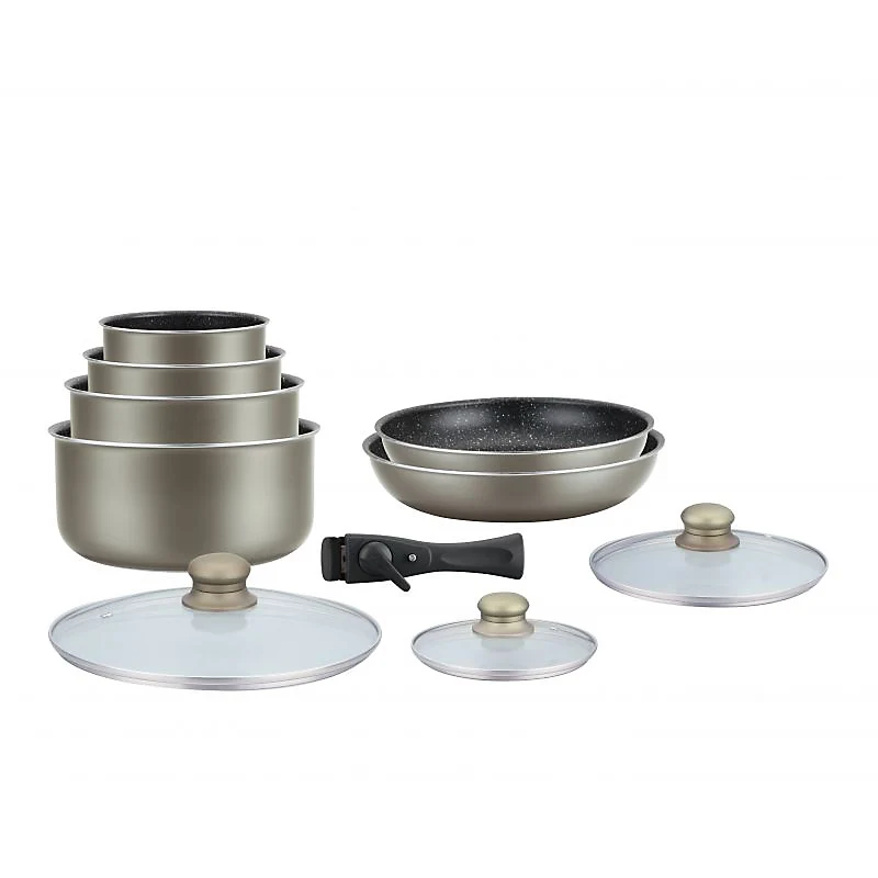 Batterie de cuisine revêtement pierre avec manche amovible 10 pièces Herzberg - Carbone
