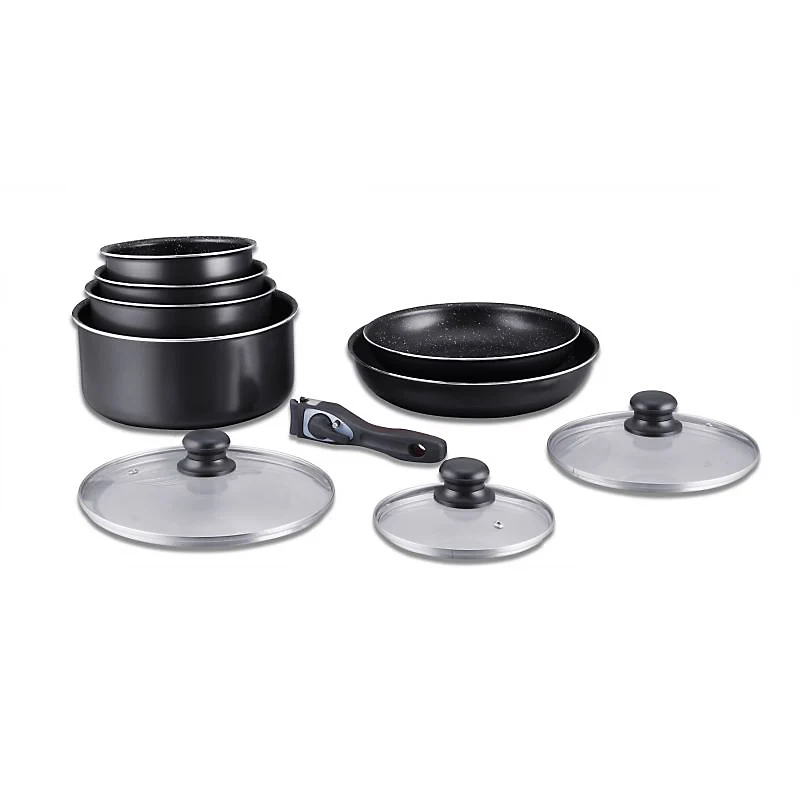 Batterie de cuisine revêtement pierre avec manche amovible 10 pièces Herzberg - Noir
