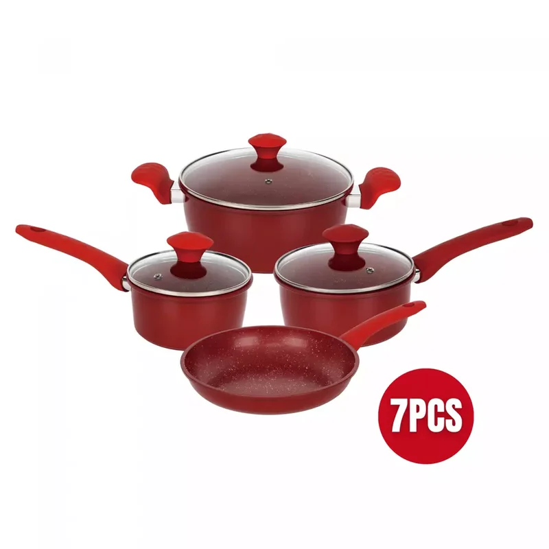 Batterie de cuisine forgée revêtement en marbre Rouge 7 pièces tous feux