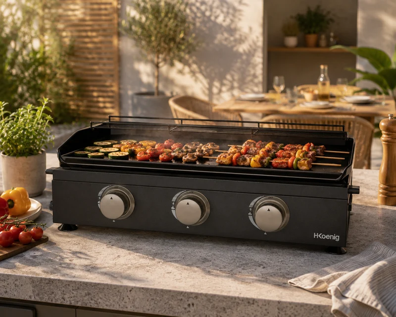 Plancha au gaz 3 brûleurs - surface de cuisson 63,5 x 36 cm - jusqu'à 350 °C - fonte émaillée - noir