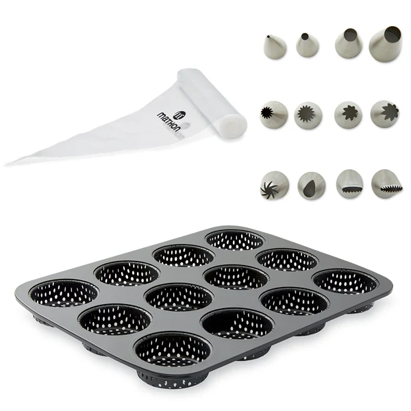 Lot plaque 12 mignardises micro-perforée en acier antiadhérent 29 x 22 cm avec rouleau de 24 poches pâtissières jetables et coffret de 12 douilles inox Mathon