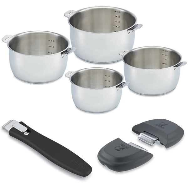 Lot 4 casseroles en inox 14, 16, 18 et 20 cm avec 2 anses amovibles grises Select et manche amovible noir Evolution Clickfix Beka