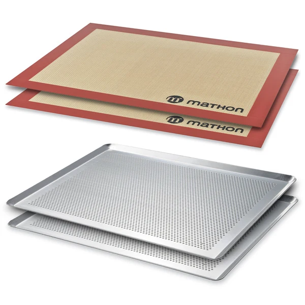 Lot 2 plaques à pâtisserie micro-perforée en aluminium et 2 tapis de cuisson en silicone et fibre de verre professionnels 40 cm Mathon