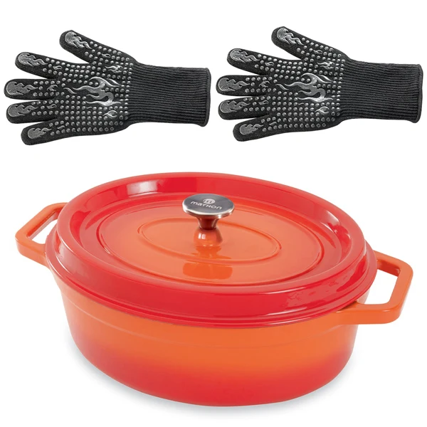 Lot cocotte en fonte ovale orange 33 cm 6 L et 2 gants anti-chaleur grand modèle (taille 10) Mathon