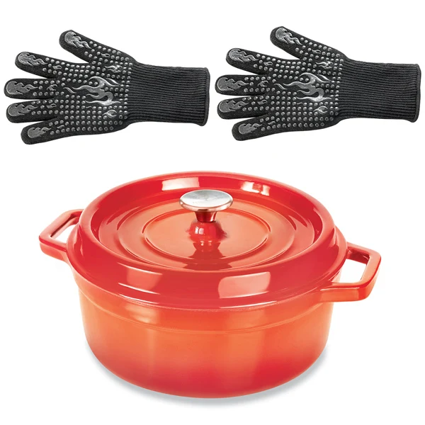 Lot cocotte en fonte ronde orange 28 cm 5,6 L et 2 gants anti-chaleur grand modèle (taille 10) Mathon