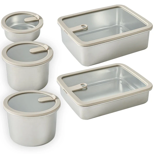 Lot 5 boîtes de conservation en inox avec couvercles en verre 450, 900, 1500, 1700, 2400 ml compatibles micro-ondes Mathon