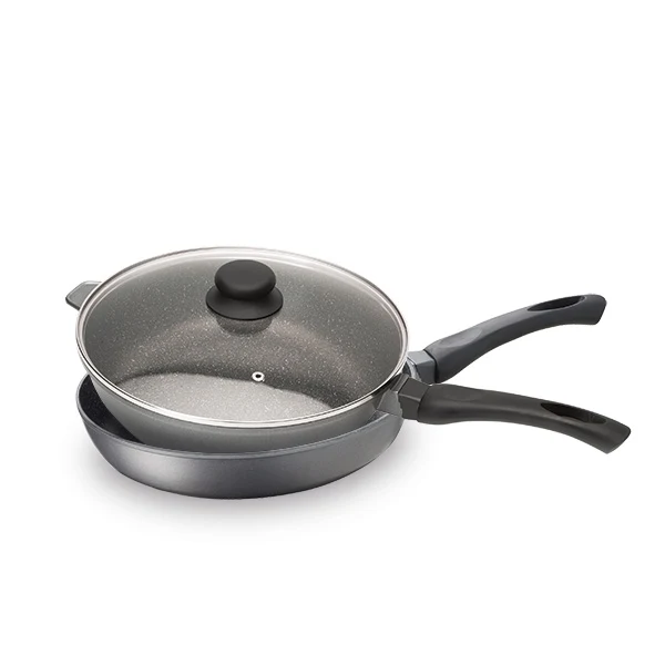 Lot poêle et sauteuse revêtement Dur comme la pierre 24 cm et couvercle en verre Mathon