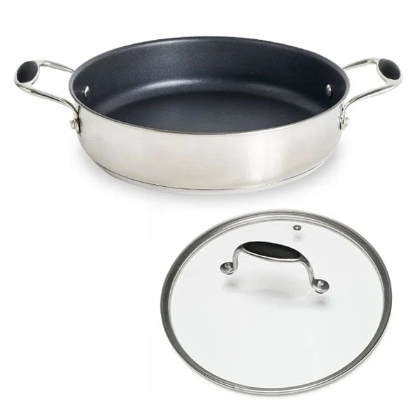 Lot sauteuse inox antiadhérente avec anses Excell’Inox 28 cm et couvercle en verre Mathon