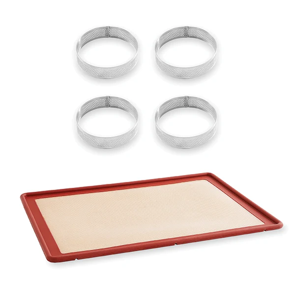 Lot tapis plaque de cuisson 39,7 x 29,5 cm et 4 cercles à tarte perforés 8 cm Mathon