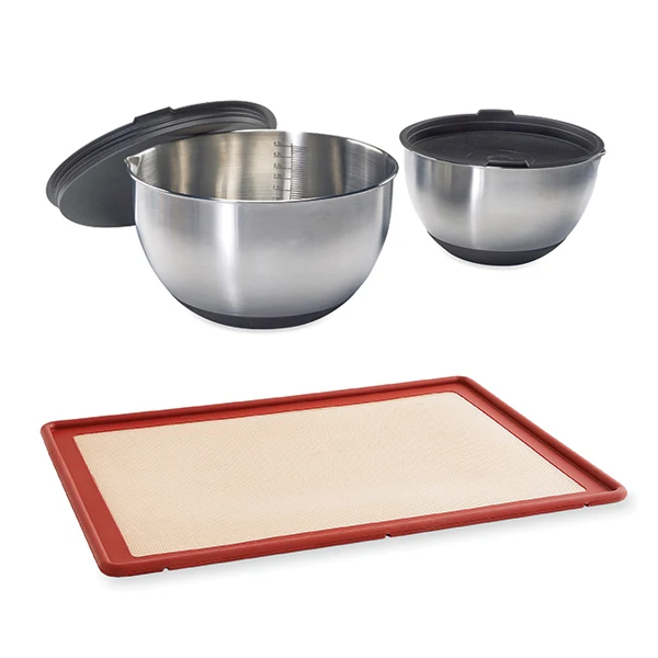 Lot tapis plaque de cuisson 39,7 x 29,5 cm et 2 bols pâtissiers inox 20 et 24 cm Mathon