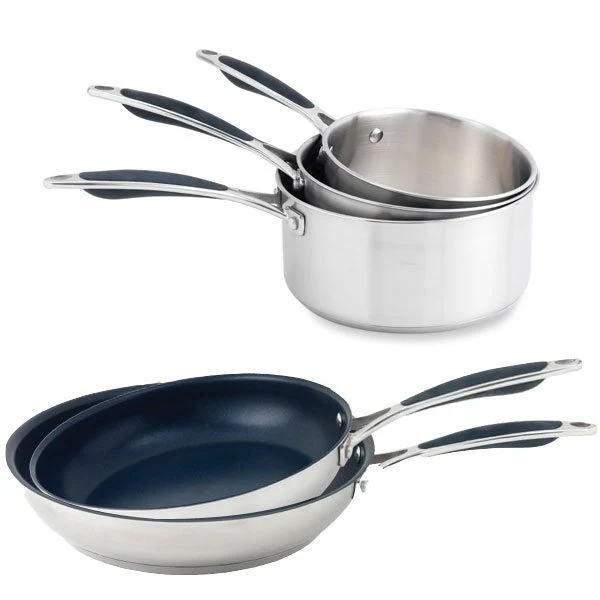 Lot 3 casseroles 16, 18 et 20 cm et 2 poêles 24 et 28 cm Excell'Inox Mathon