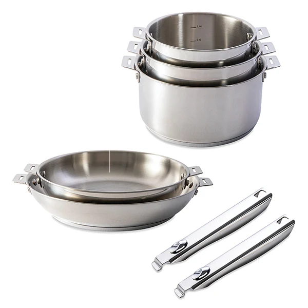 Lot 3 casseroles et 2 poêles tout inox Clips’Inox et 2 manches amovibles Mathon